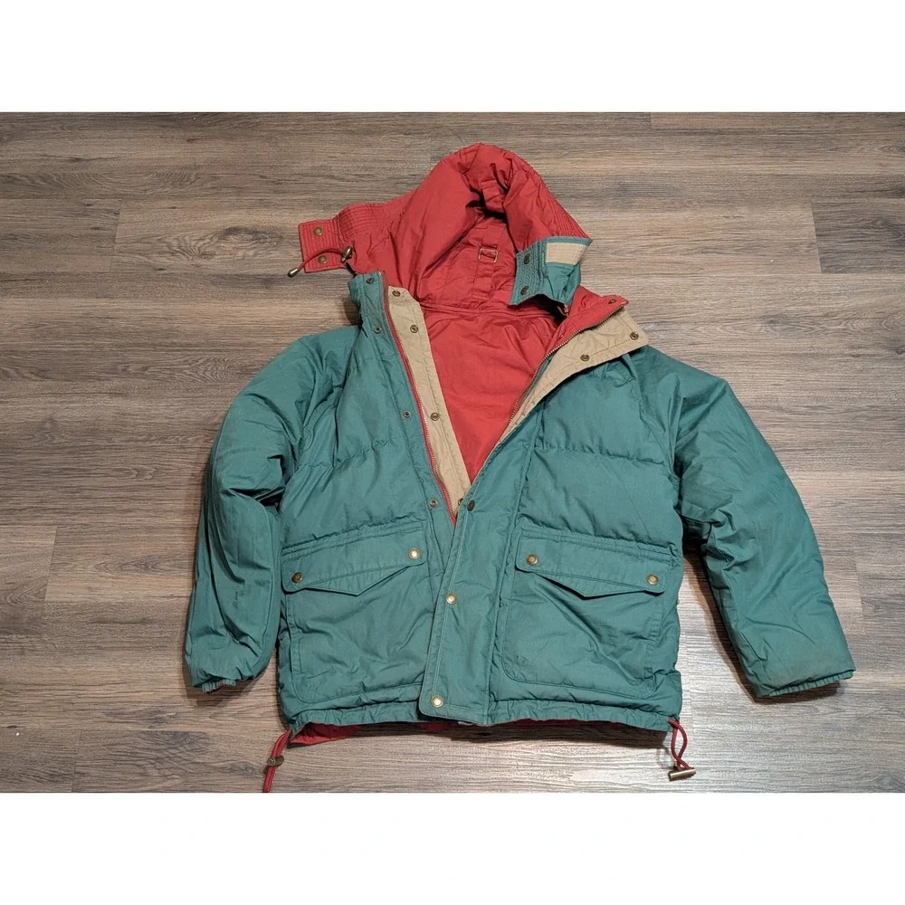 Brambilla Vintage Reversible Down Puffer Jacket Red Teal Green Hooded Mens M‎